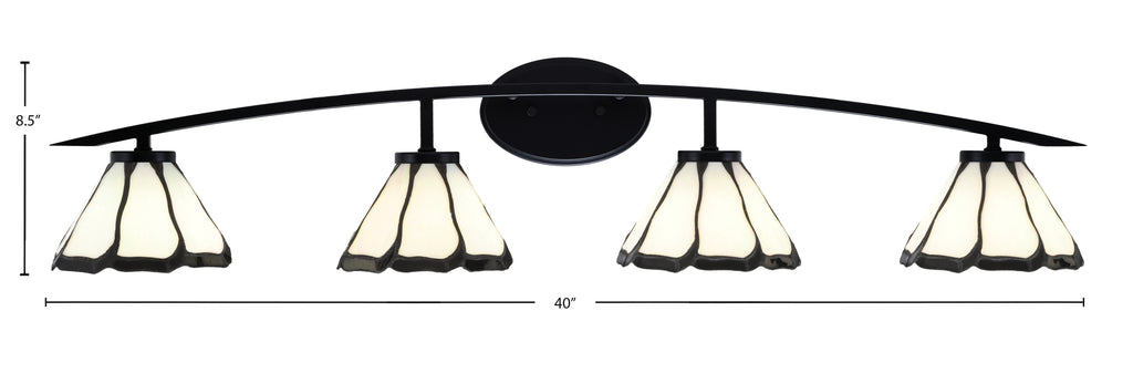 Kurve Four Light Bath Bar in Matte Black with Pearl & Black Flair Art Glass Shade