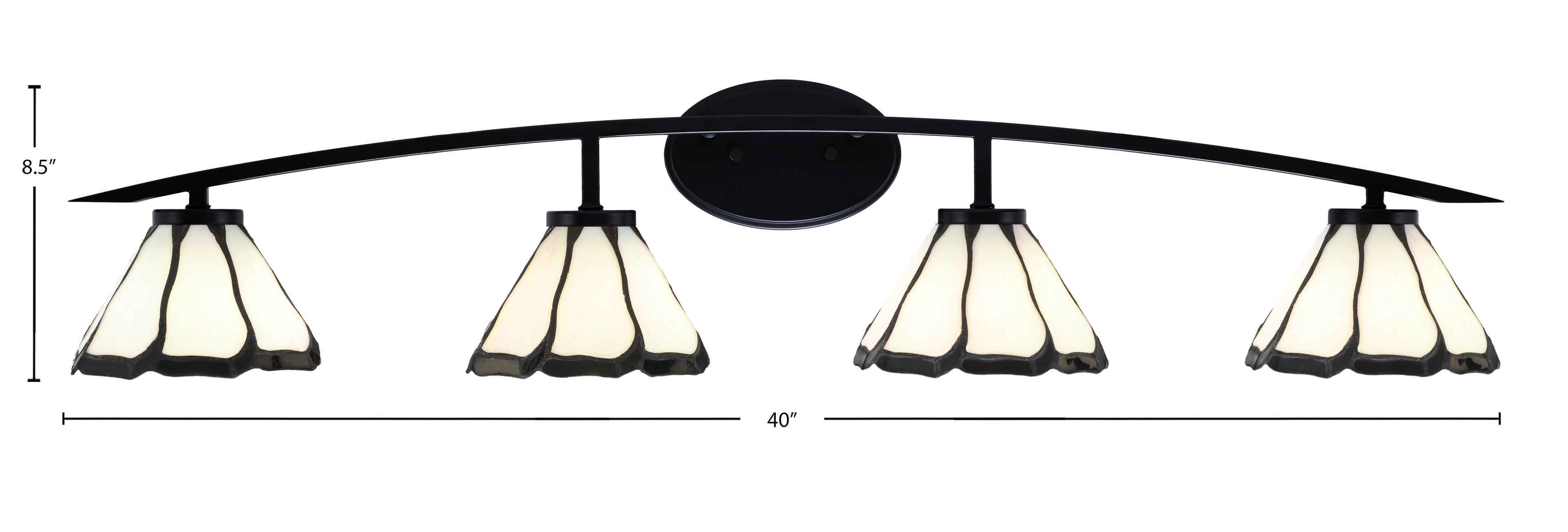 Kurve Four Light Bath Bar in Matte Black with Pearl & Black Flair Art Glass Shade