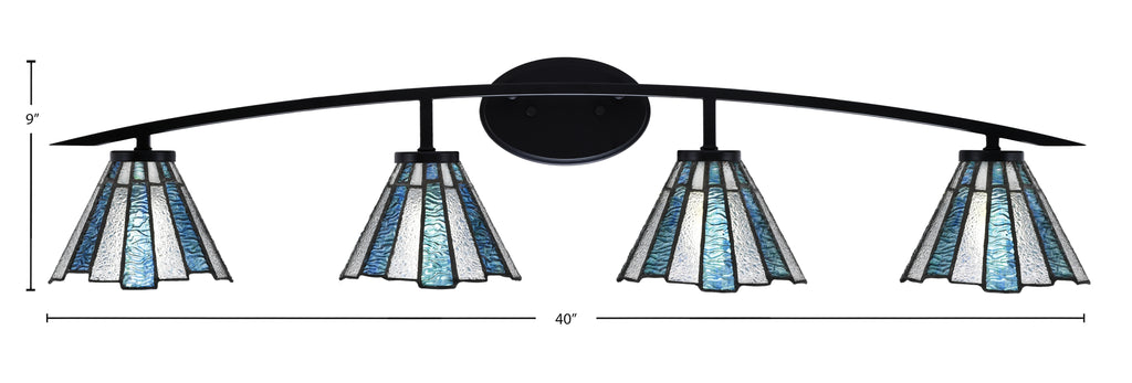 Kurve Four Light Bath Bar in Matte Black with Sea Ice Art Glass Shade