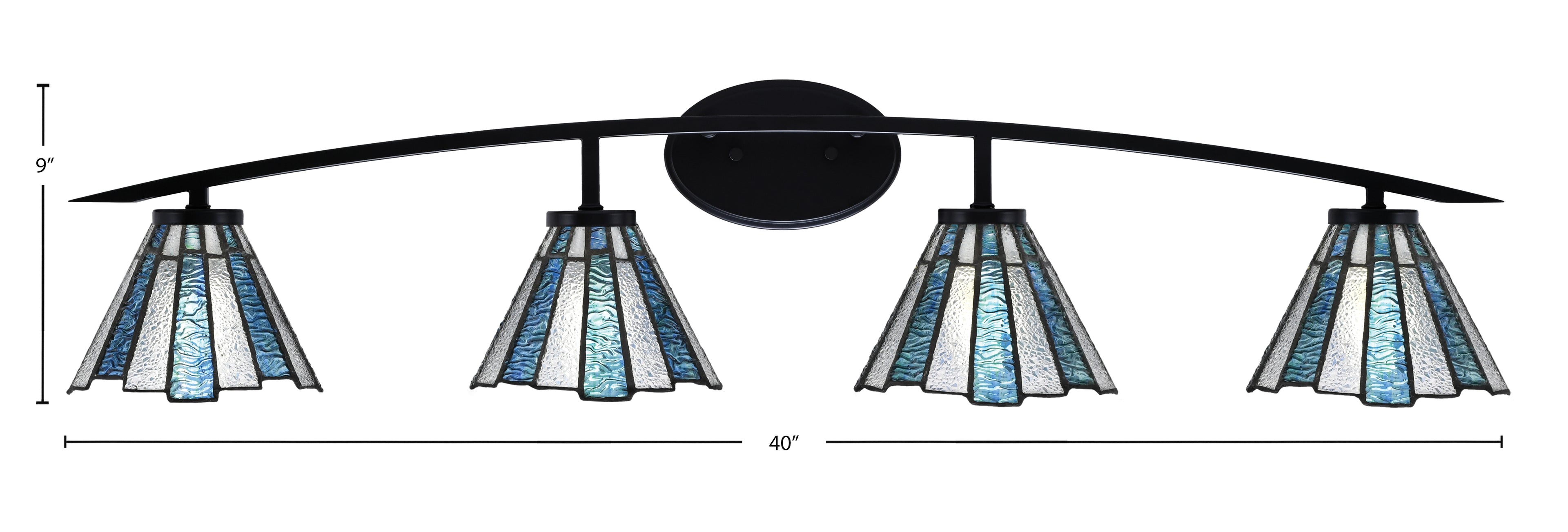 Kurve Four Light Bath Bar in Matte Black with Sea Ice Art Glass Shade