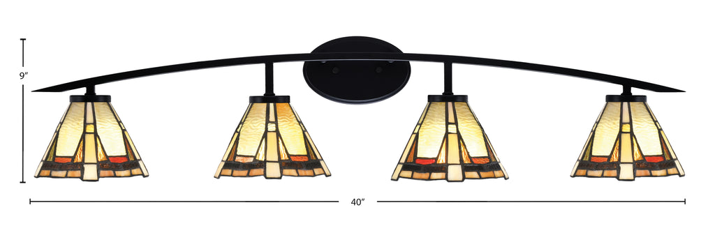 Kurve Four Light Bath Bar in Matte Black with Zion Art Glass Shade