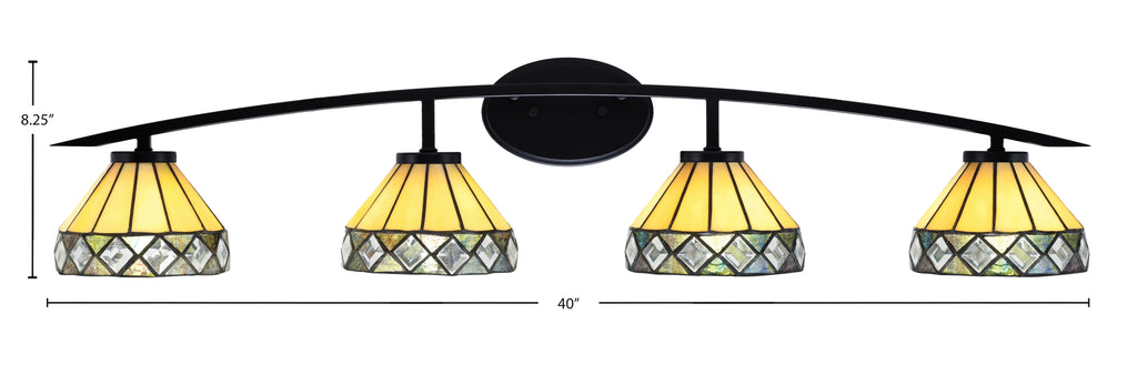 Kurve Four Light Bath Bar in Matte Black with Diamond Peak Art Glass Shade