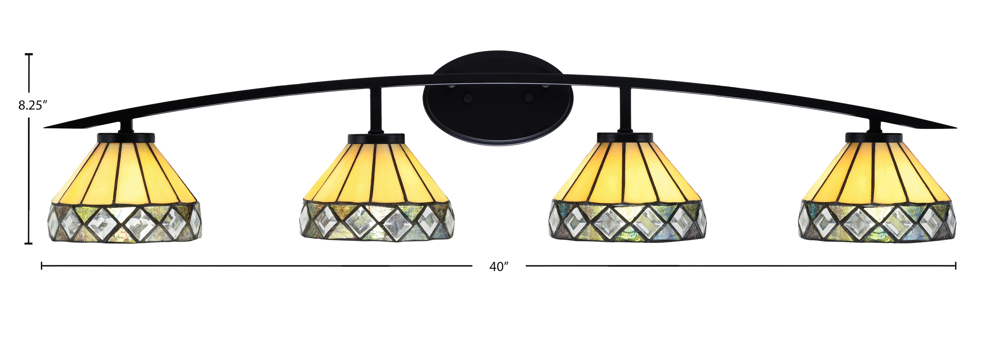 Kurve Four Light Bath Bar in Matte Black with Diamond Peak Art Glass Shade