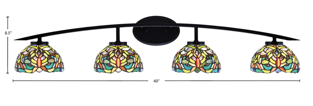Kurve Four Light Bath Bar in Matte Black with Kaleidoscope Art Glass Shade