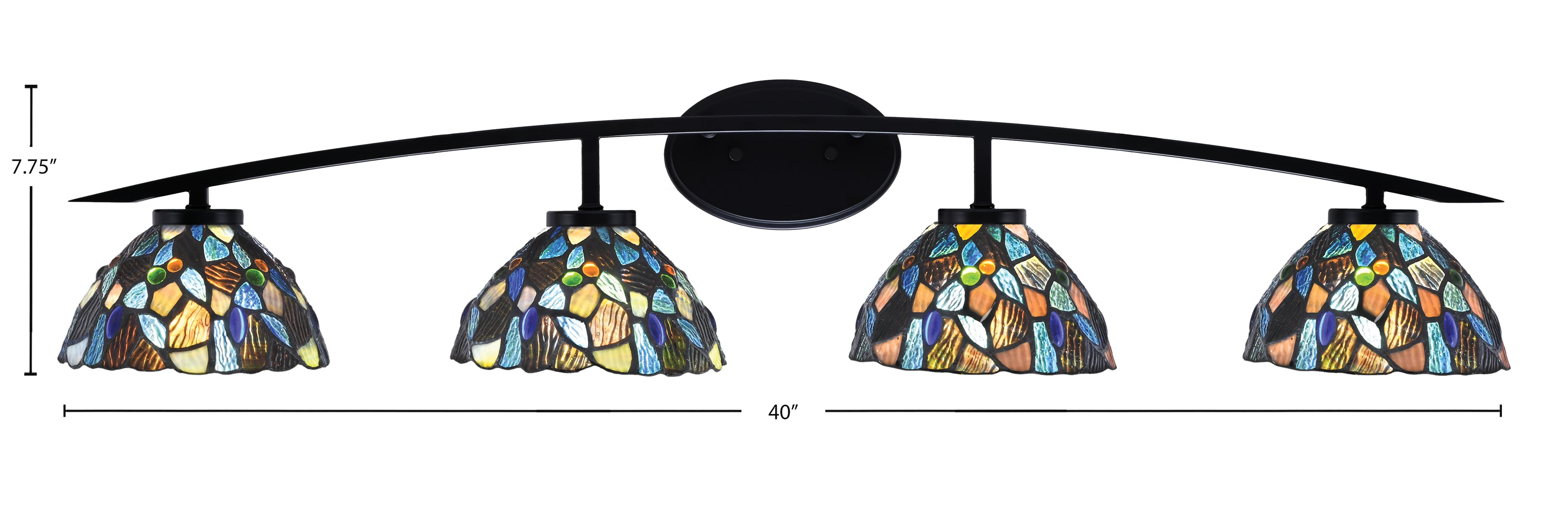 Kurve Four Light Bath Bar in Matte Black with Blue Mosaic Art Glass Shade
