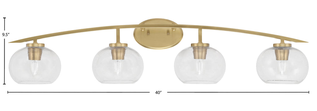 Kurve Four Light Bath Bar in New Age Brass with 7" Clear Bubble Shade