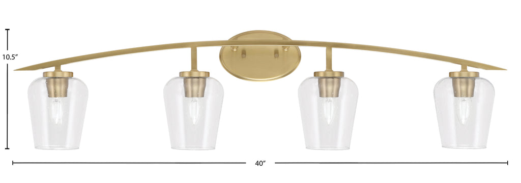 Kurve Four Light Bath Bar in New Age Brass with 5" Clear Bubble Shade