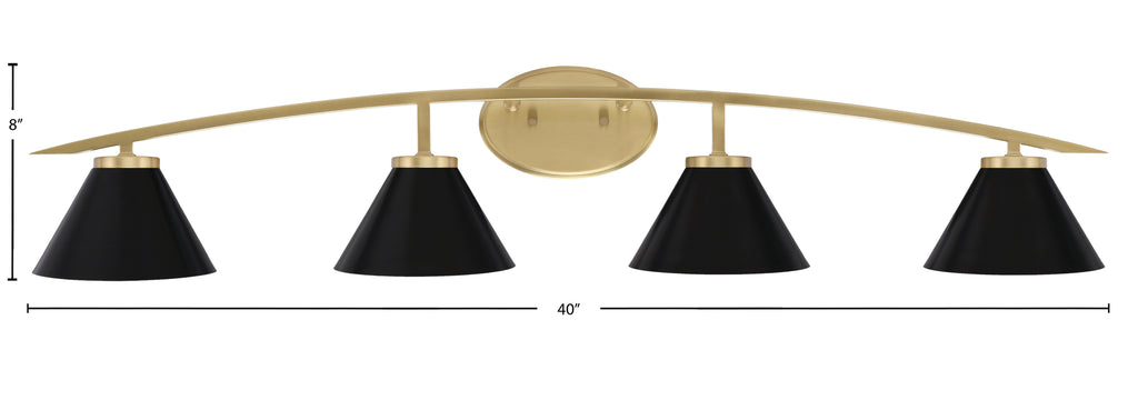 Kurve Four Light Bath Bar in New Age Brass with 7" Matte Black Cone Metal Shade Shade