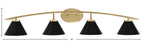 Kurve Four Light Bath Bar in New Age Brass with 7" Matte Black Cone Metal Shade Shade