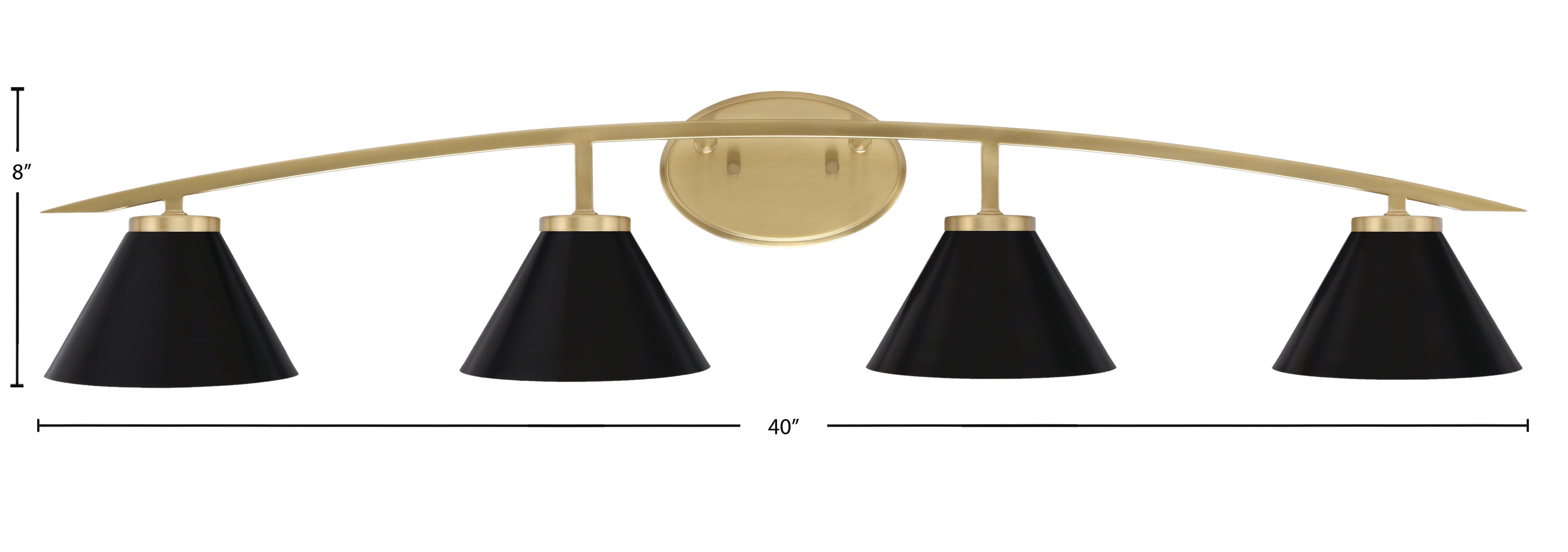 Kurve Four Light Bath Bar in New Age Brass with 7" Matte Black Cone Metal Shade Shade