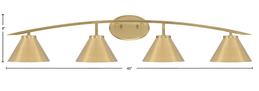 Kurve Four Light Bath Bar in New Age Brass with 7" New Age Brass Cone Metal Shade Shade