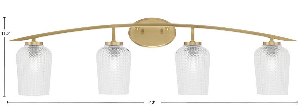 Kurve Four Light Bath Bar in New Age Brass with 5" Clear Textured Shade