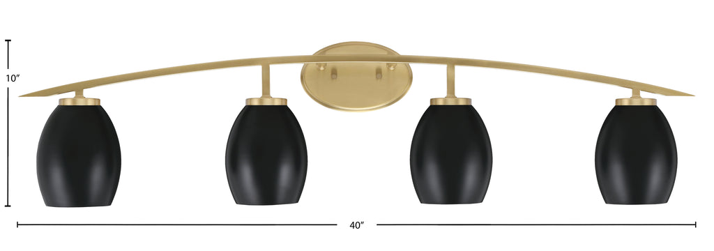Kurve Four Light Bath Bar in New Age Brass with 5" Matte Black Oval Metal Shade Shade