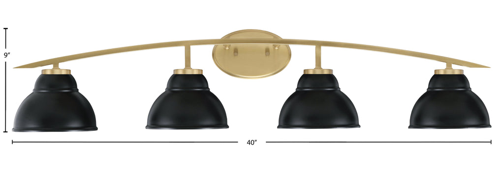Kurve Four Light Bath Bar in New Age Brass with 7" Matte BlackDouble Bubble Metal Shade Shade