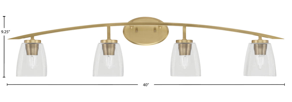 Kurve Four Light Bath Bar in New Age Brass with 4.5" Square Clear Bubble Shade