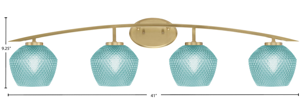 Kurve Four Light Bath Bar in New Age Brass with 6" Turquoise Textured Shade