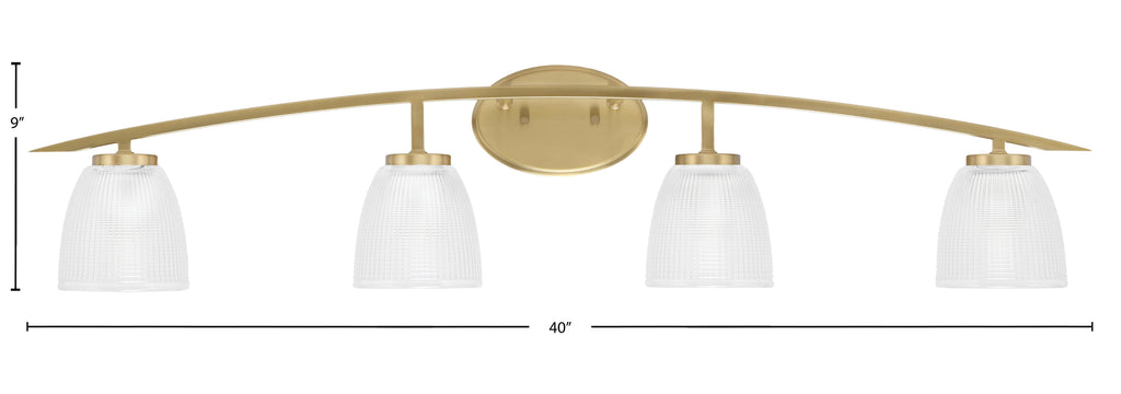 Kurve Four Light Bath Bar in New Age Brass with 5" Clear Ribbed Shade