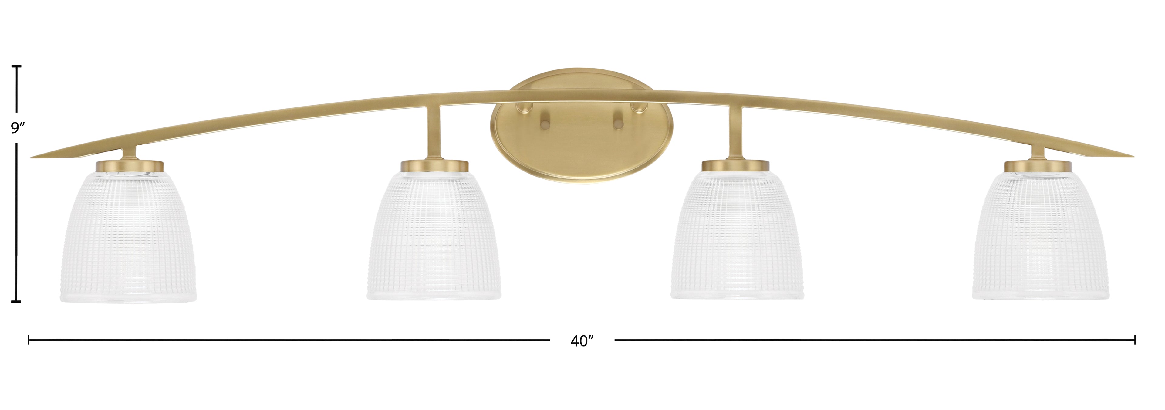Kurve Four Light Bath Bar in New Age Brass with 5" Clear Ribbed Shade