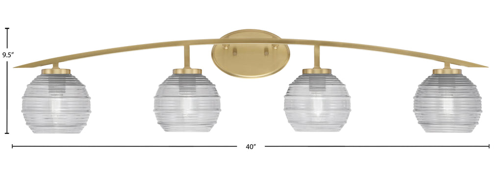 Kurve Four Light Bath Bar in New Age Brass with 6" Clear Ribbed Shade