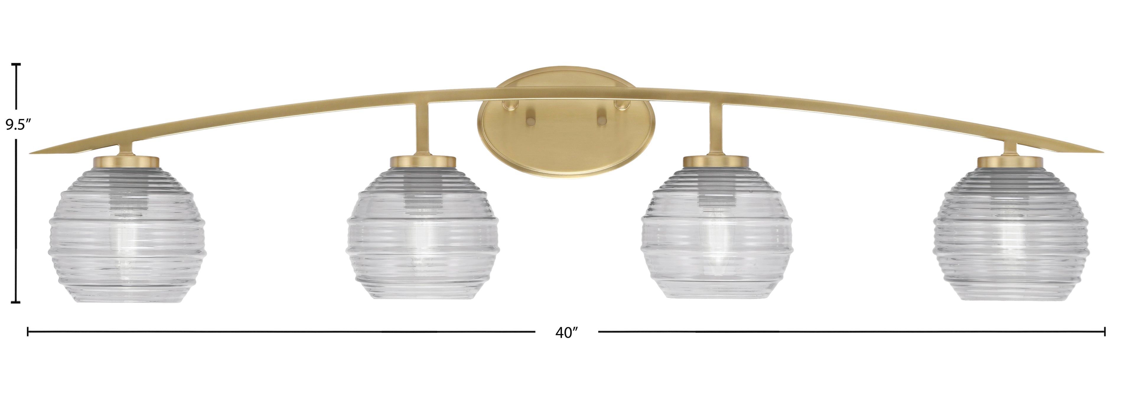 Kurve Four Light Bath Bar in New Age Brass with 6" Clear Ribbed Shade
