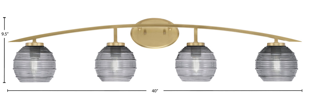 Kurve Four Light Bath Bar in New Age Brass with 6" Smoke Ribbed Shade