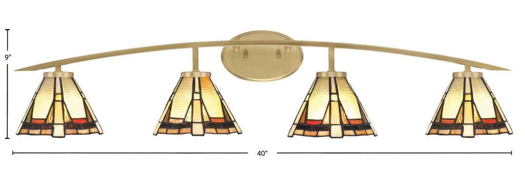 Kurve Four Light Bath Bar in New Age Brass with 7" Zion Art Glass Shade