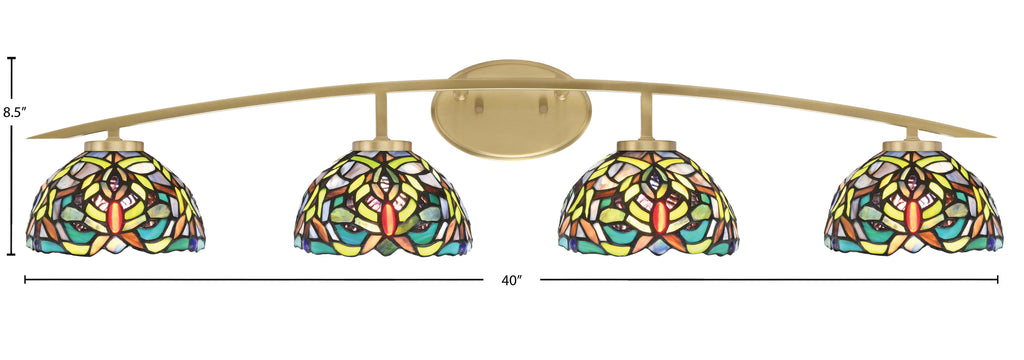 Kurve Four Light Bath Bar in New Age Brass with 7" Kaleidoscope Art Glass Shade