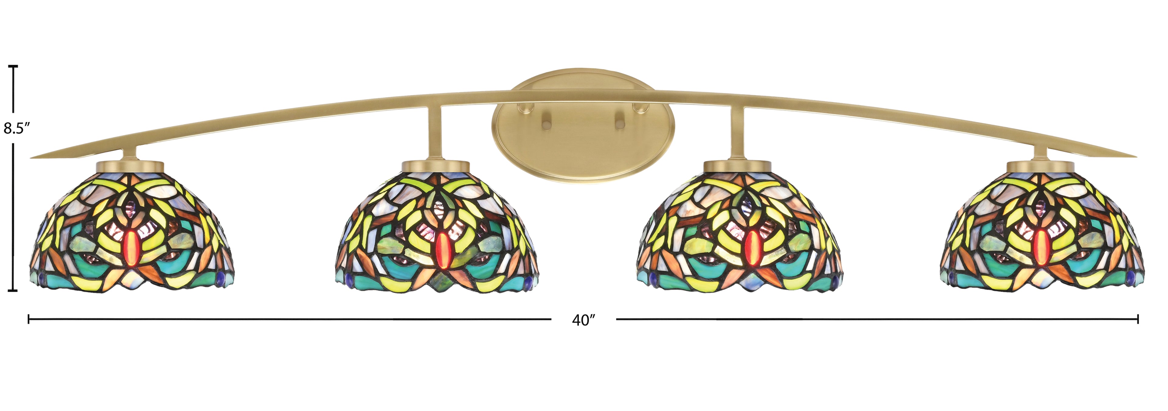 Kurve Four Light Bath Bar in New Age Brass with 7" Kaleidoscope Art Glass Shade