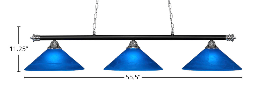 Oxford Three Light Bar in Chrome & Matte Black with 16" Blue Italian Shade