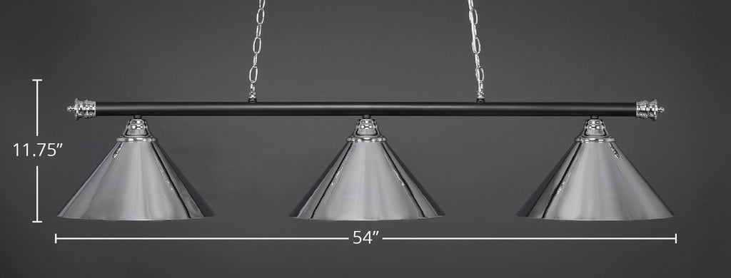 Oxford Three Light Bar in Chrome & Matte Black with 14" Chrome Cone Metal Shade Shade