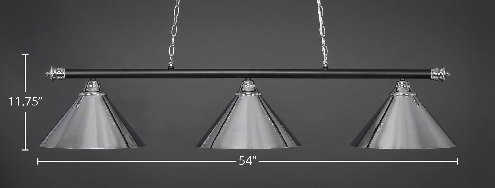 Oxford Three Light Bar in Chrome & Matte Black with 14" Chrome Cone Metal Shade Shade