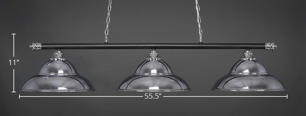 Oxford Three Light Bar in Chrome & Matte Black with 16" Chrome Double Bubble Metal Shade Shade