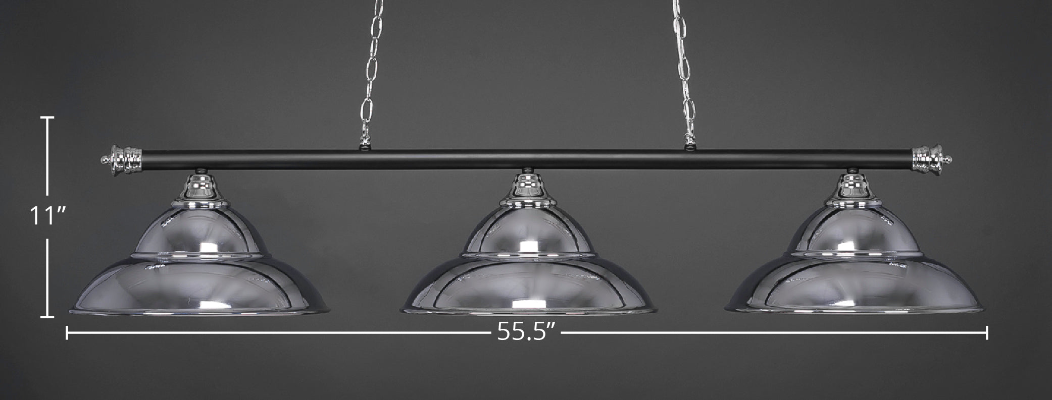 Oxford Three Light Bar in Chrome & Matte Black with 16" Chrome Double Bubble Metal Shade Shade