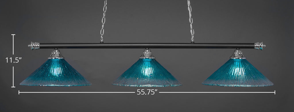 Oxford Three Light Bar in Chrome & Matte Black with 16" Teal Crystal Shade