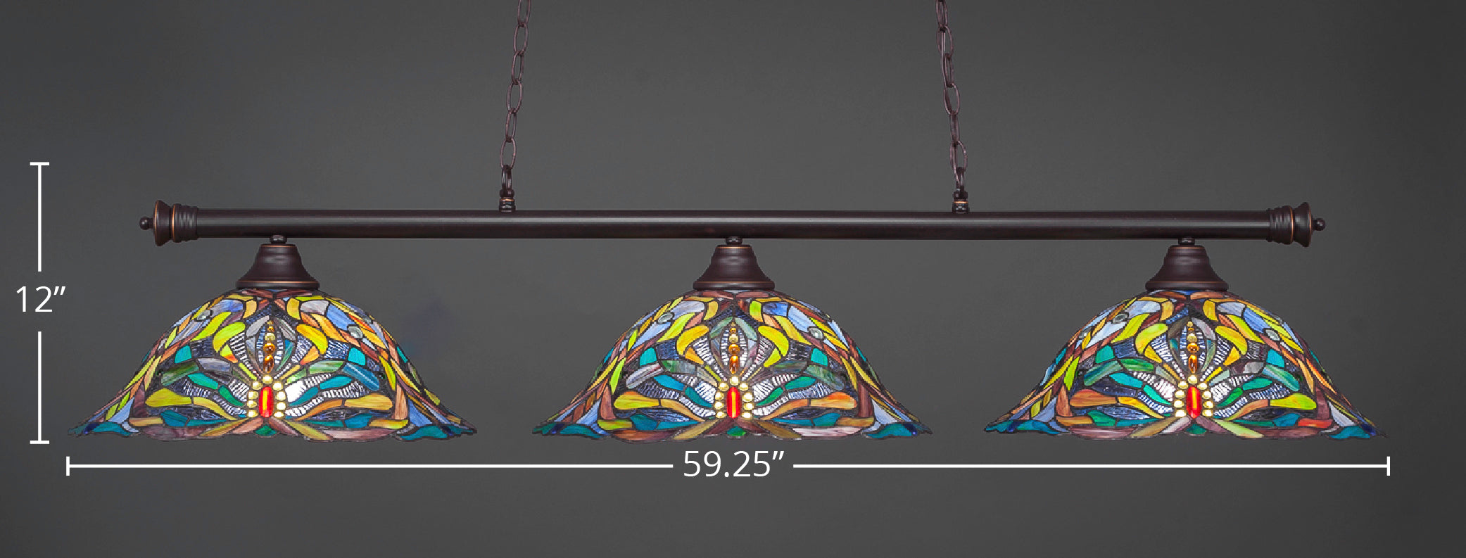 Oxford Three Light Bar in Dark Granite with 19" Kaleidoscope Art Glass Shade