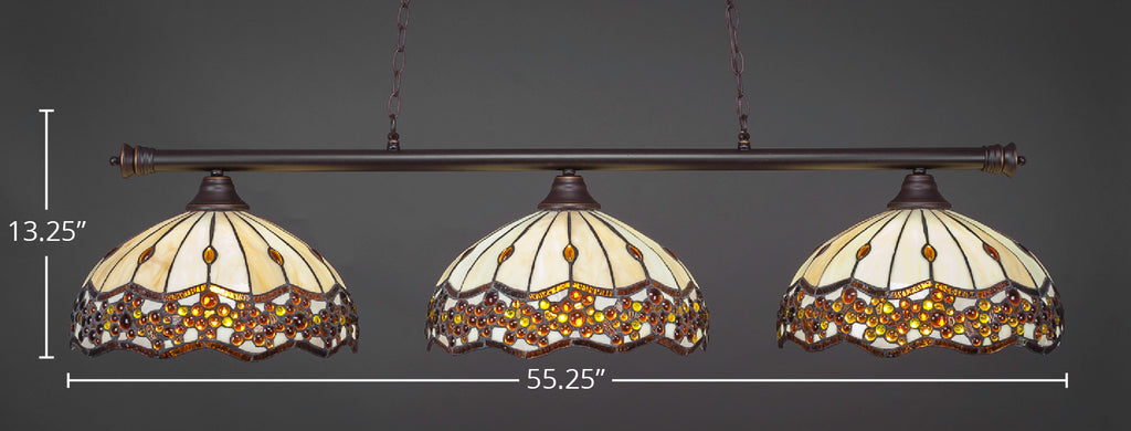 Oxford Three Light Bar in Dark Granite with 16" Roman Jewel Art Glass Shade