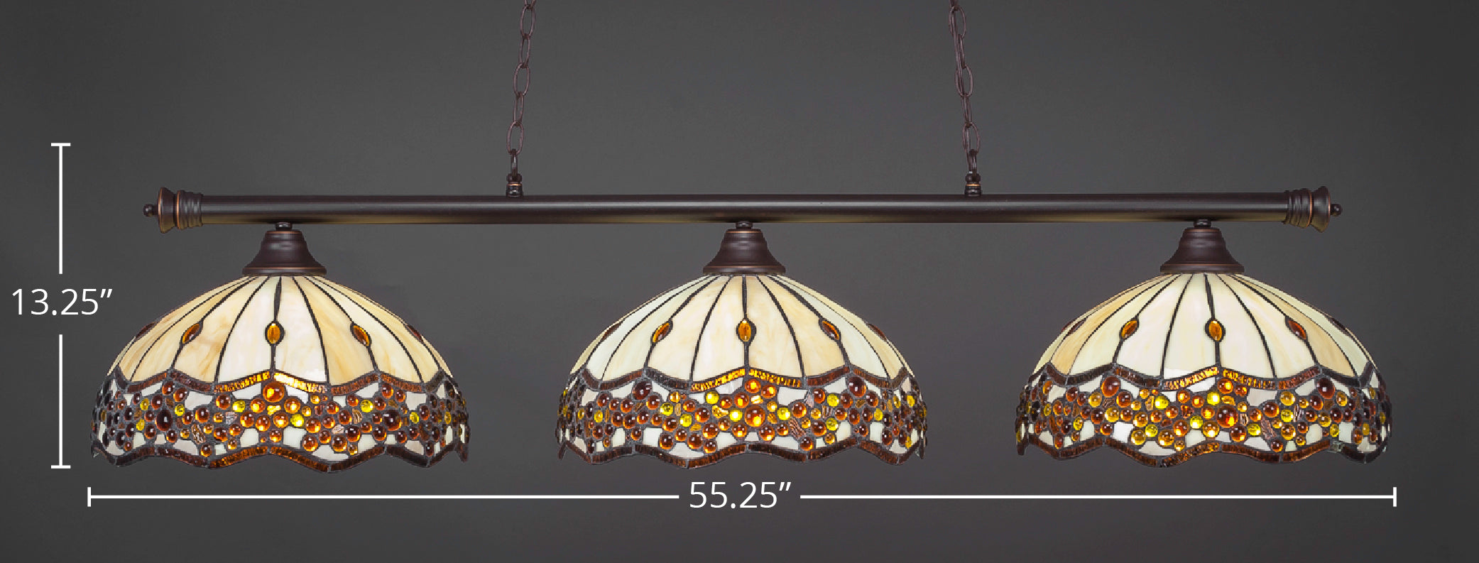 Oxford Three Light Bar in Dark Granite with 16" Roman Jewel Art Glass Shade