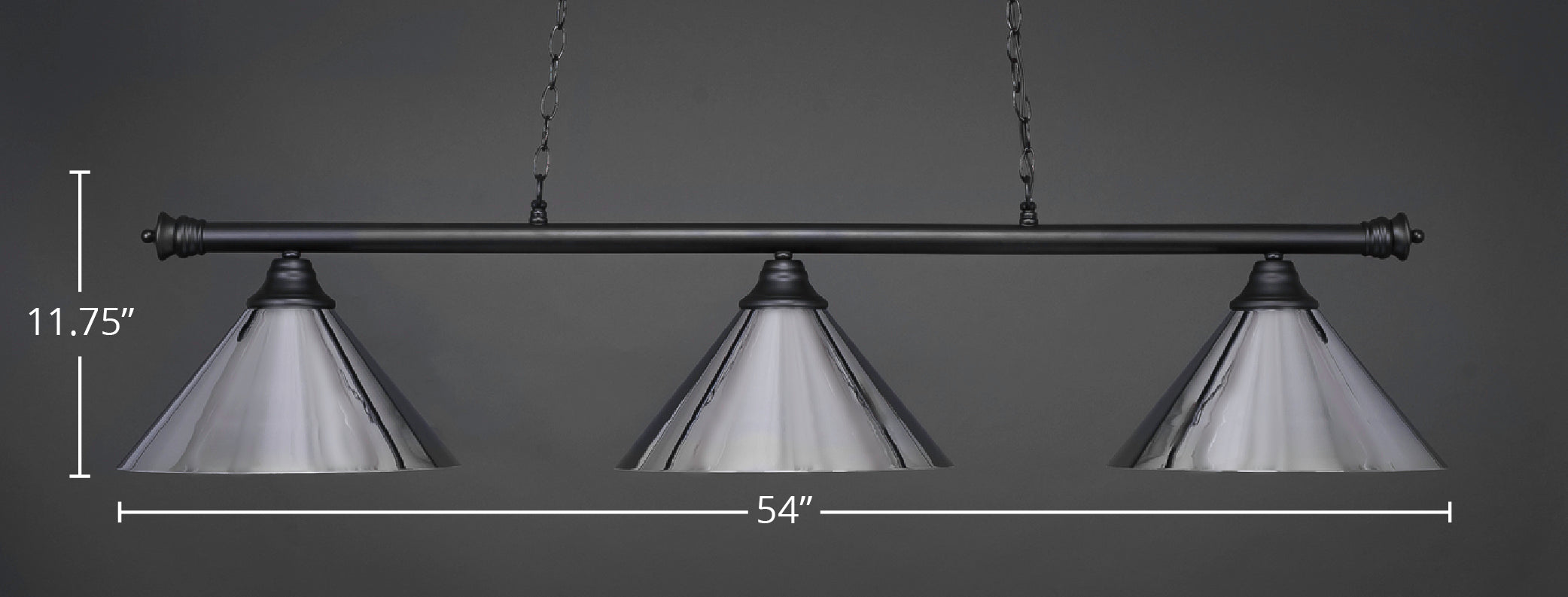 Oxford Three Light Bar in Matte Black with 14" Chrome Cone Metal Shade Shade