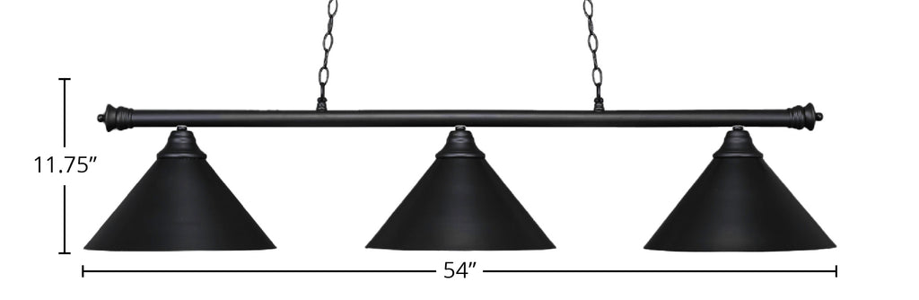Oxford Three Light Bar in Matte Black with 14" Matte Black Cone Metal Shade Shade