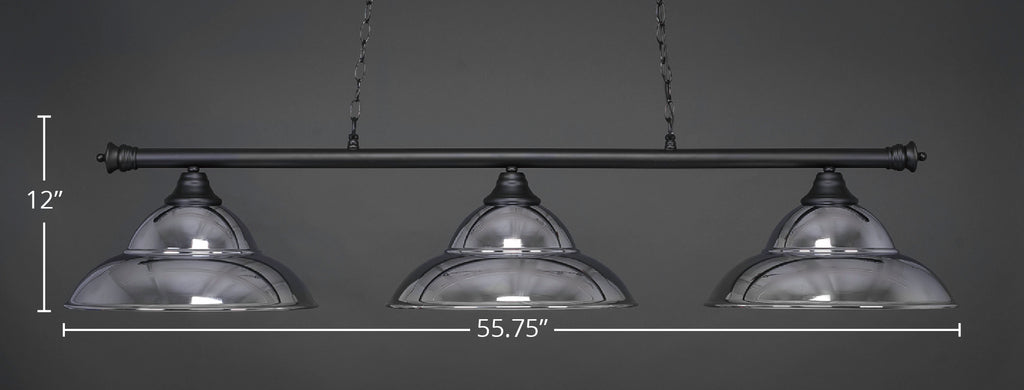 Oxford Three Light Bar in Matte Black with 16" Chrome Double Bubble Metal Shade Shade