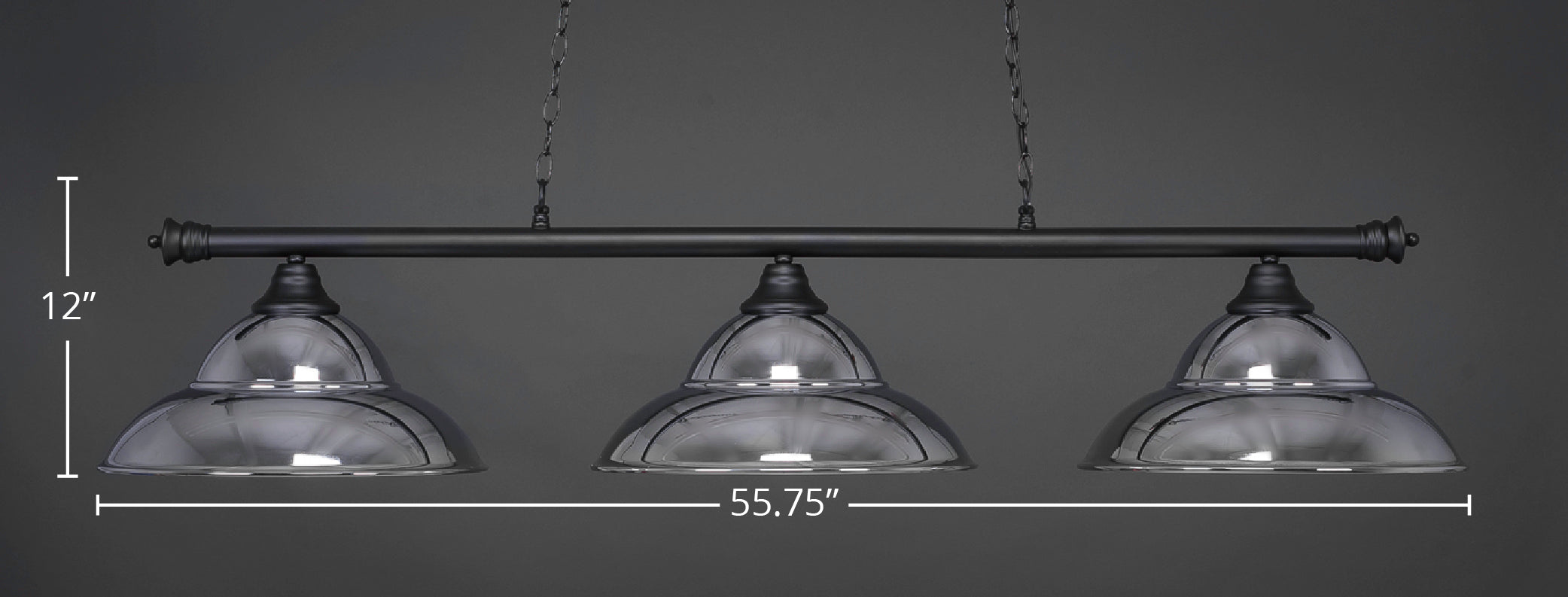 Oxford Three Light Bar in Matte Black with 16" Chrome Double Bubble Metal Shade Shade