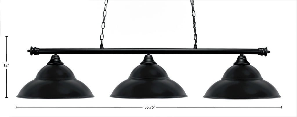 Oxford Three Light Bar in Matte Black with 16" Matte Black Double Bubble Metal Shade Shade