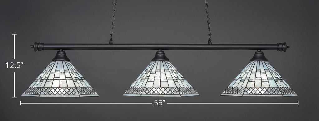 Oxford Three Light Bar in Matte Black with 16" Pewter Art Glass Shade