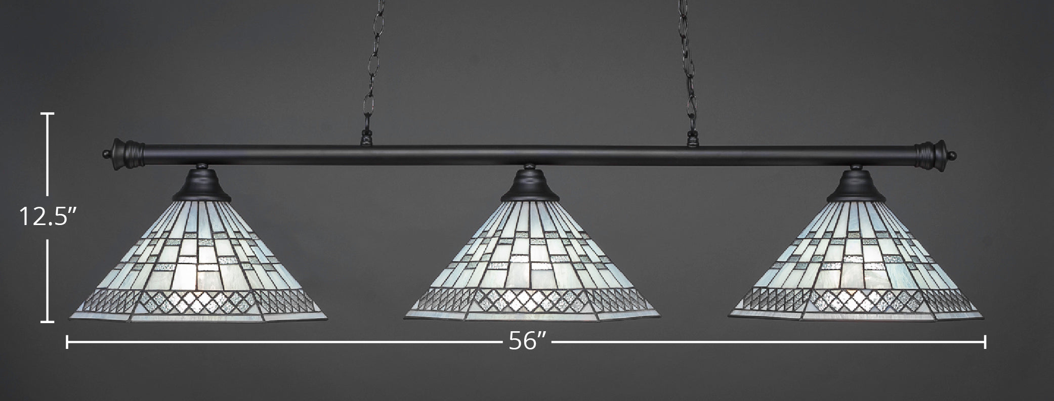 Oxford Three Light Bar in Matte Black with 16" Pewter Art Glass Shade