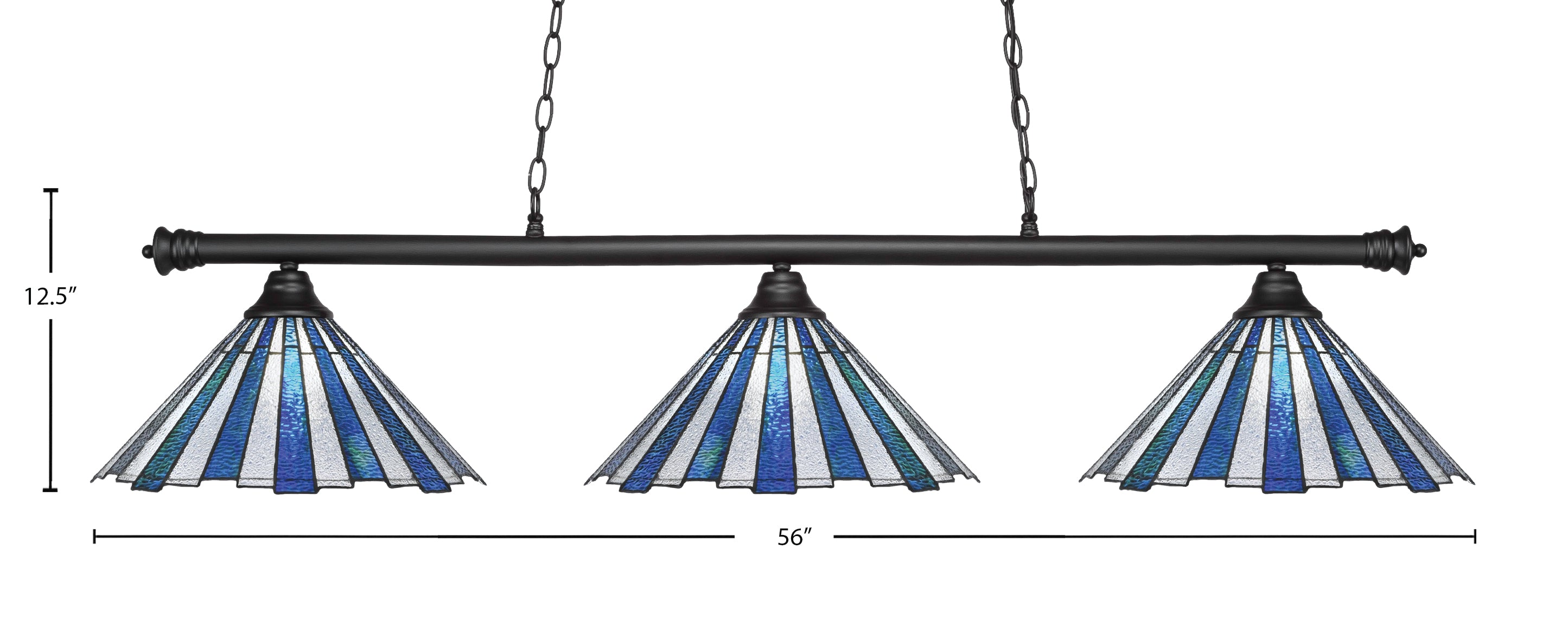 Oxford Three Light Bar in Matte Black with 16" Sea Ice Art Glass Shade