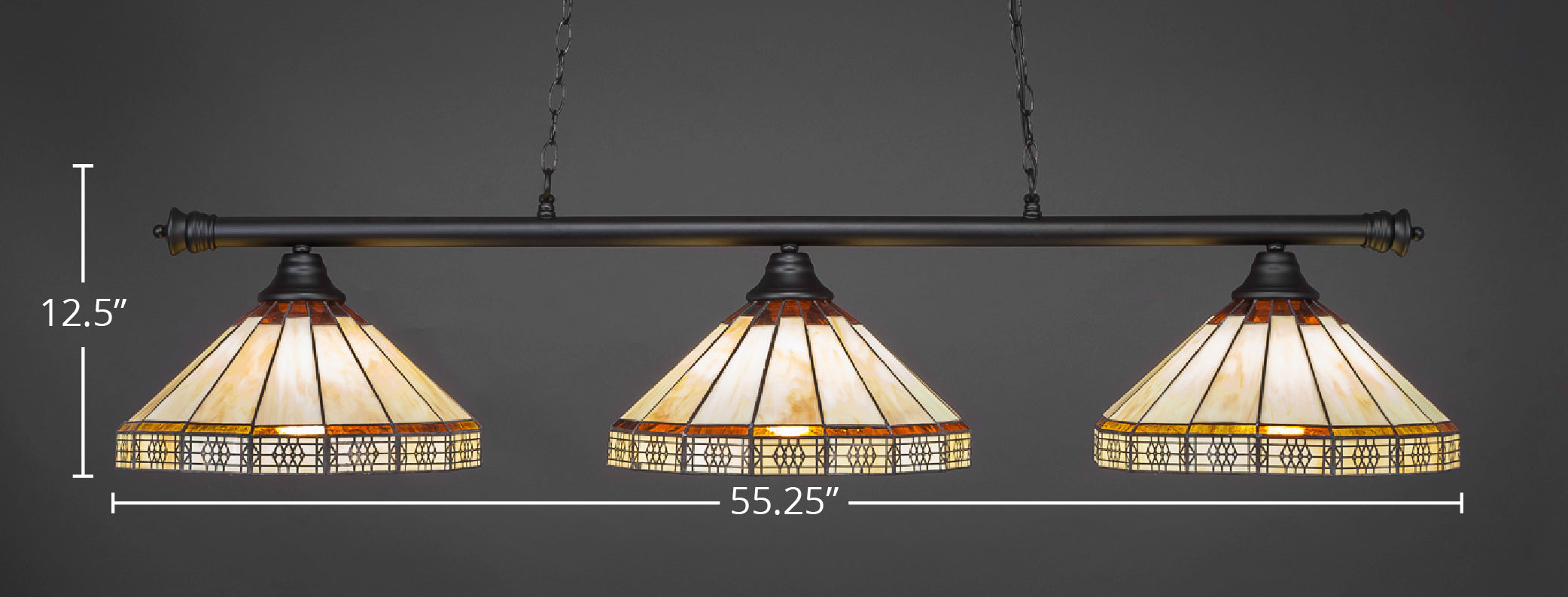 Oxford Three Light Bar in Matte Black with 15" Honey & Brown Mission Art Glass Shade