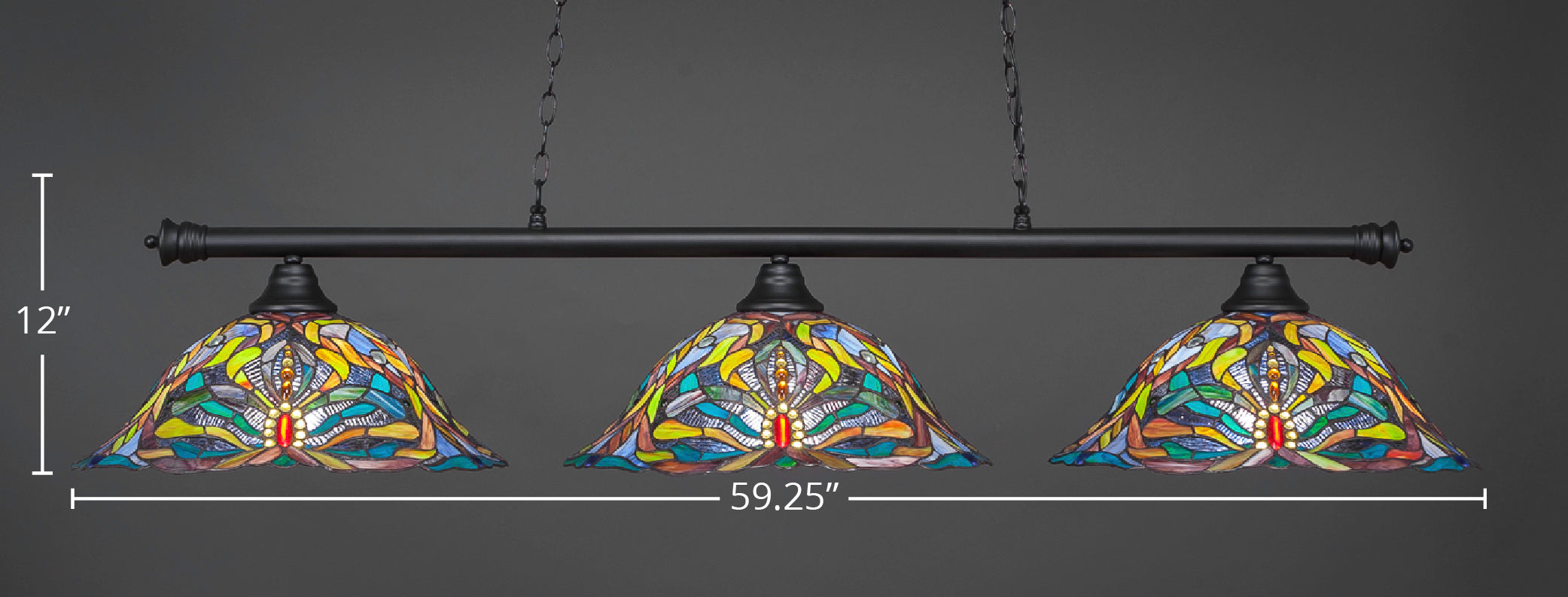 Oxford Three Light Bar in Matte Black with 19" Kaleidoscope Art Glass Shade