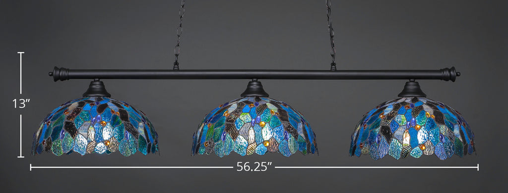 Oxford Three Light Bar in Matte Black with 16" Blue Mosaic Art Glass Shade