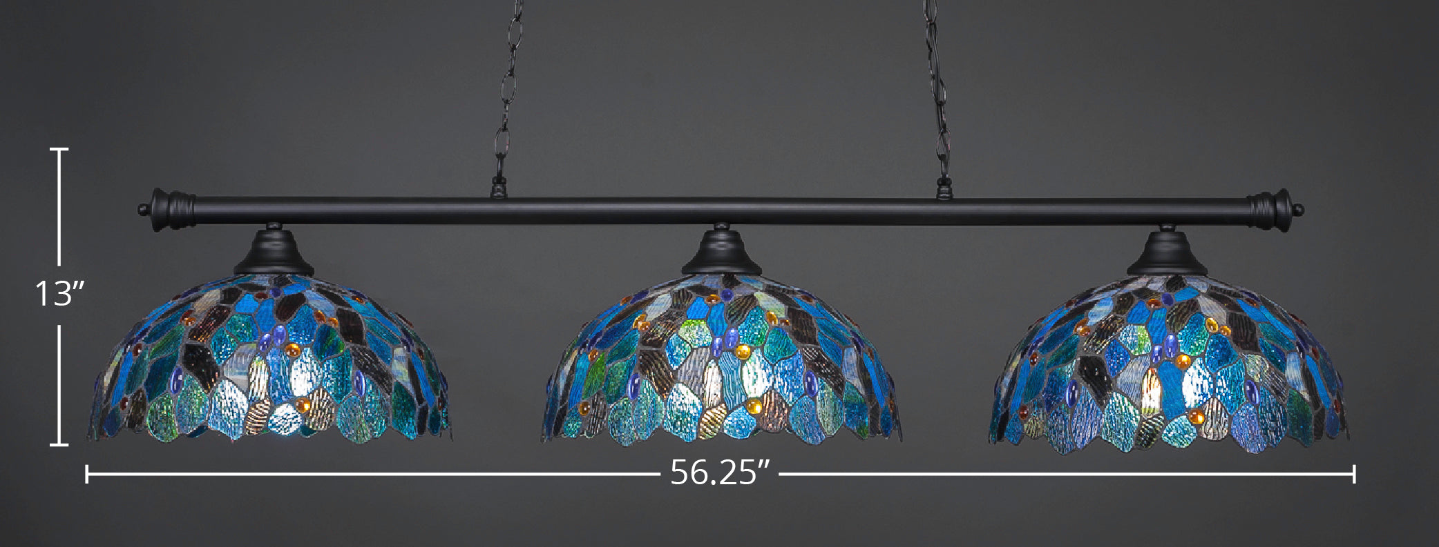 Oxford Three Light Bar in Matte Black with 16" Blue Mosaic Art Glass Shade