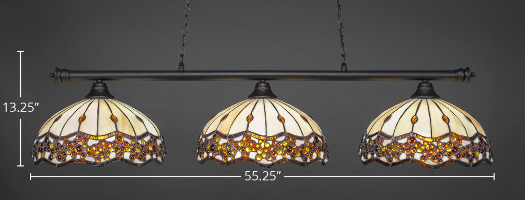 Oxford Three Light Bar in Matte Black with 16" Roman Jewel Art Glass Shade